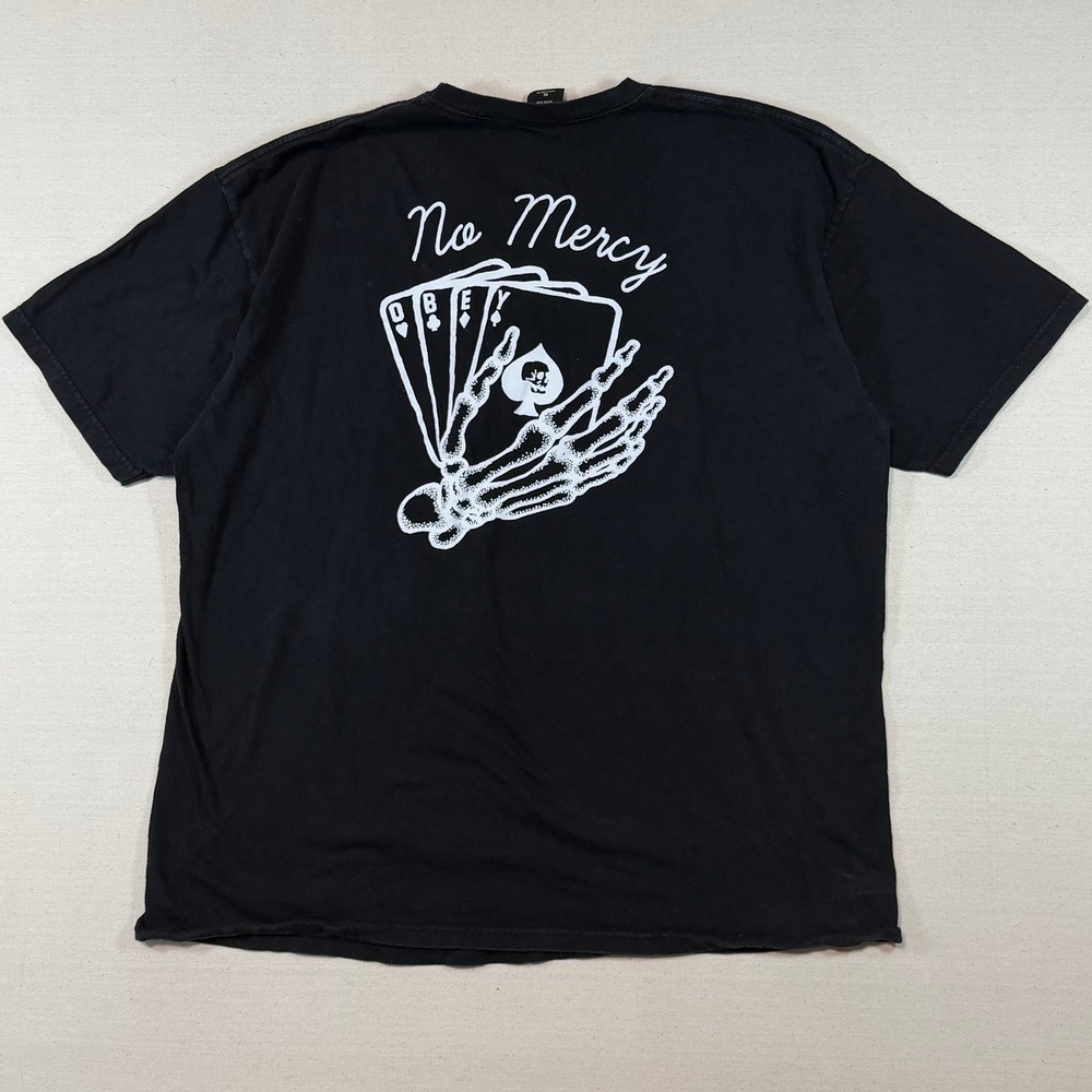 Obey No Mercy Skeleton Hand Playing Cards Graphic T-Shirt Black XL